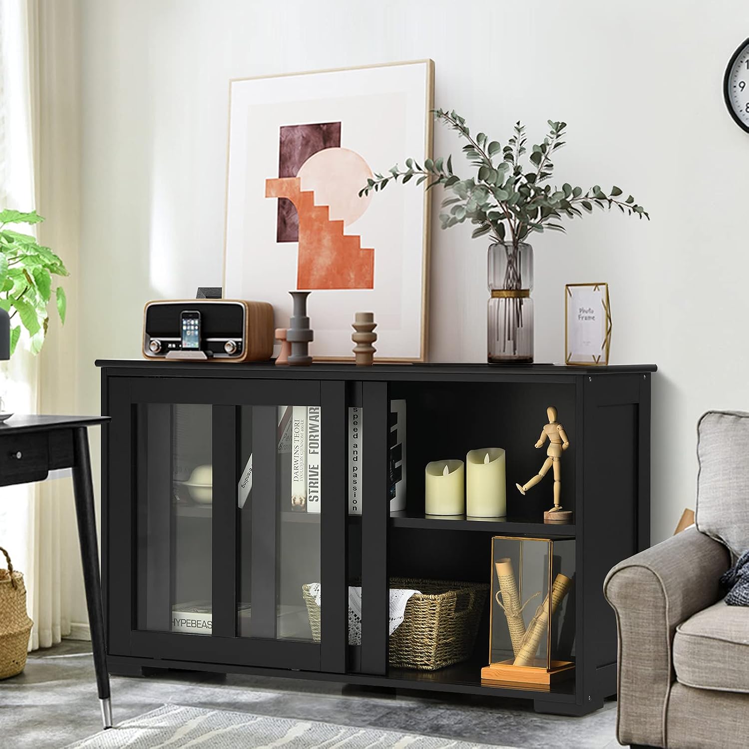 Black Wood Sliding Glass Door Sideboard Cabinet