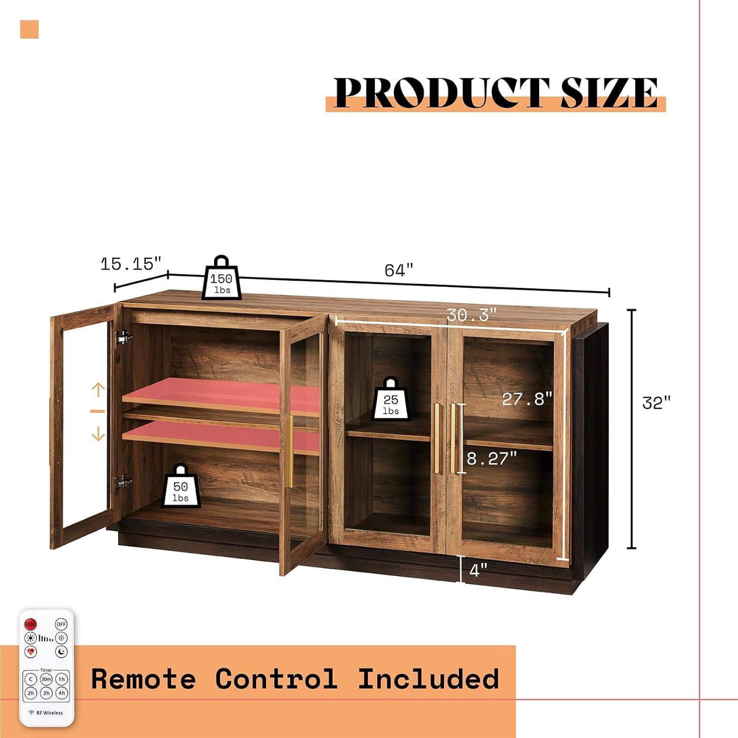 Brown LED Glass Door Sideboard Cabinet
