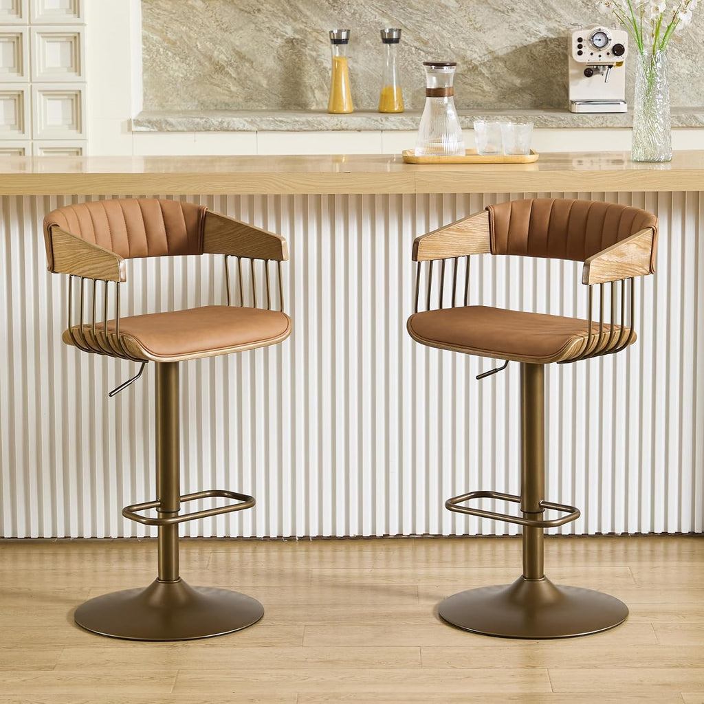 Brown PU Leather Adjustable Back Bar Stools