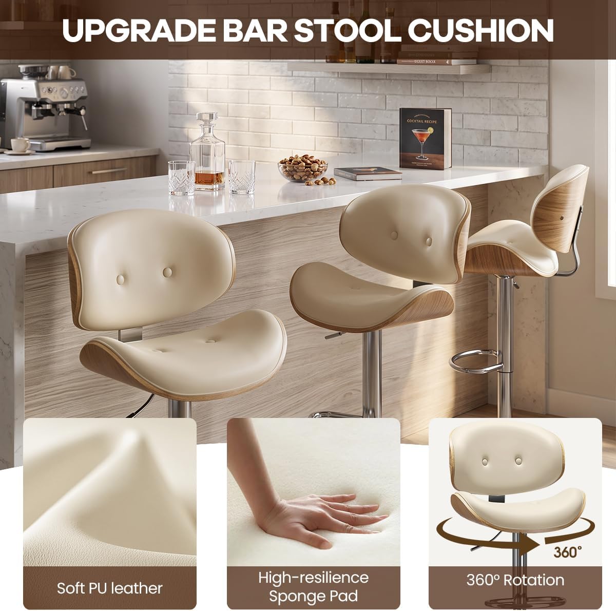 PU Leather Adjustable Swivel Back Bar Stools Set