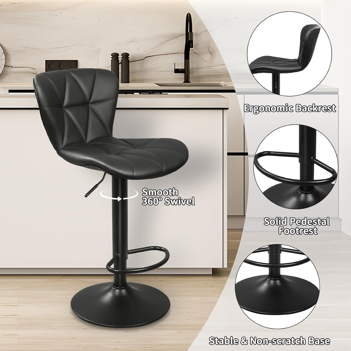 Black PU Leather Shell Back Swivel Bar Stools