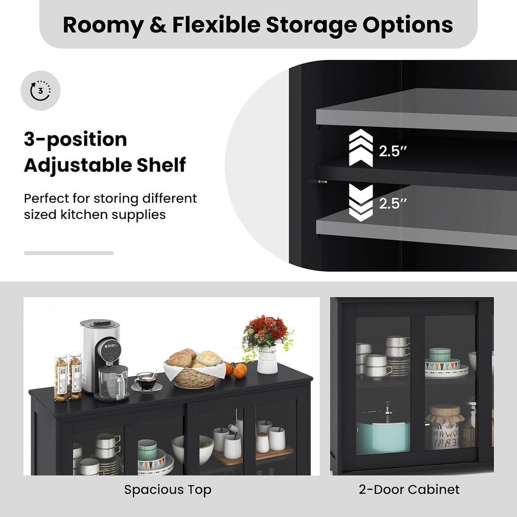 Black Sliding Glass Door Storage Sideboard Cabinet