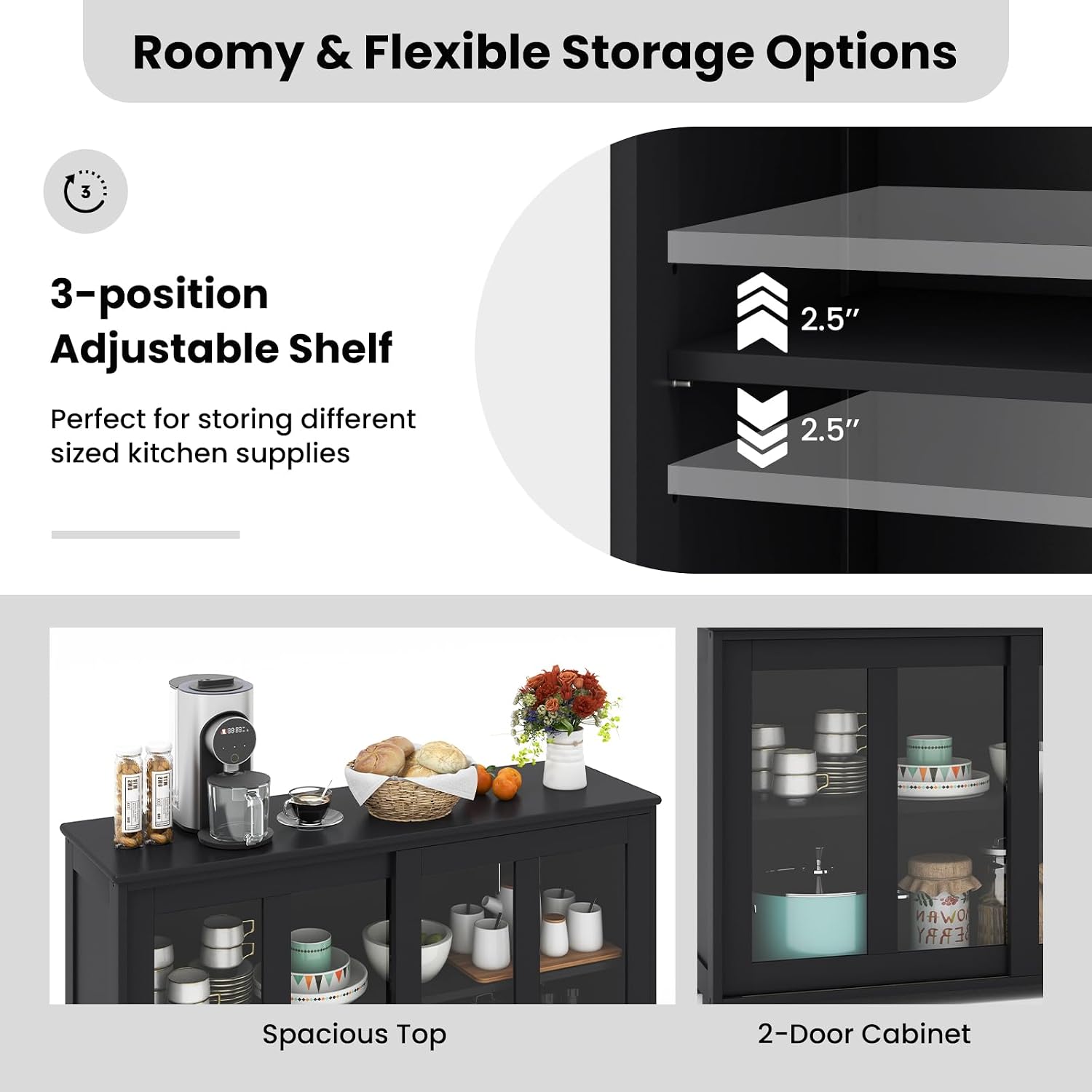Black Sliding Glass Door Storage Sideboard Cabinet