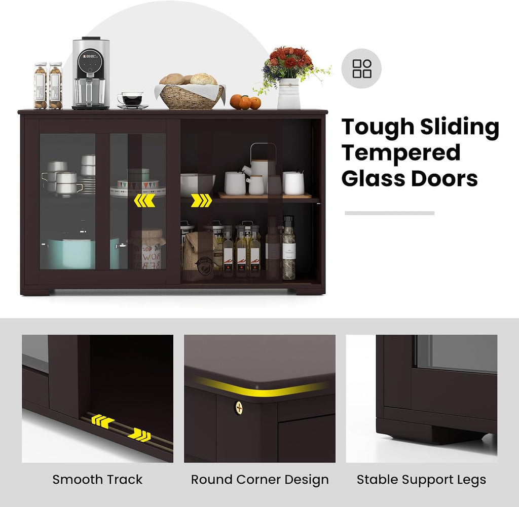 Brown Sliding Glass Door Wood Sideboard Cabinet