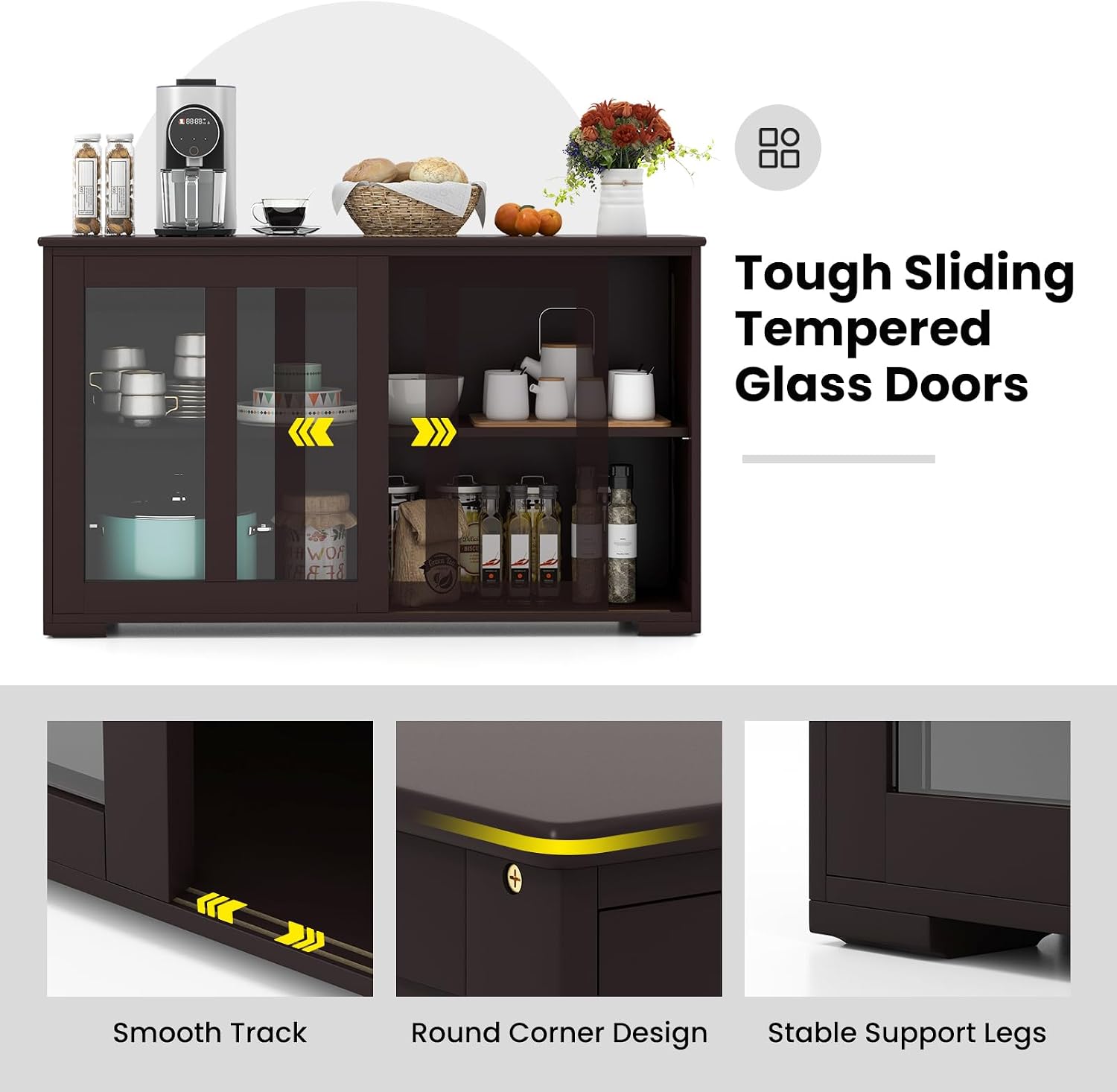 Brown Sliding Glass Door Wood Sideboard Cabinet