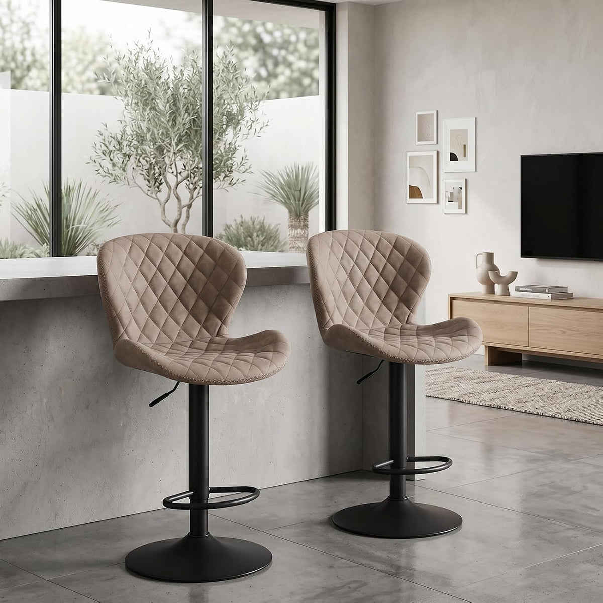 Beige Faux Leather Adjustable Swivel Bar Stools