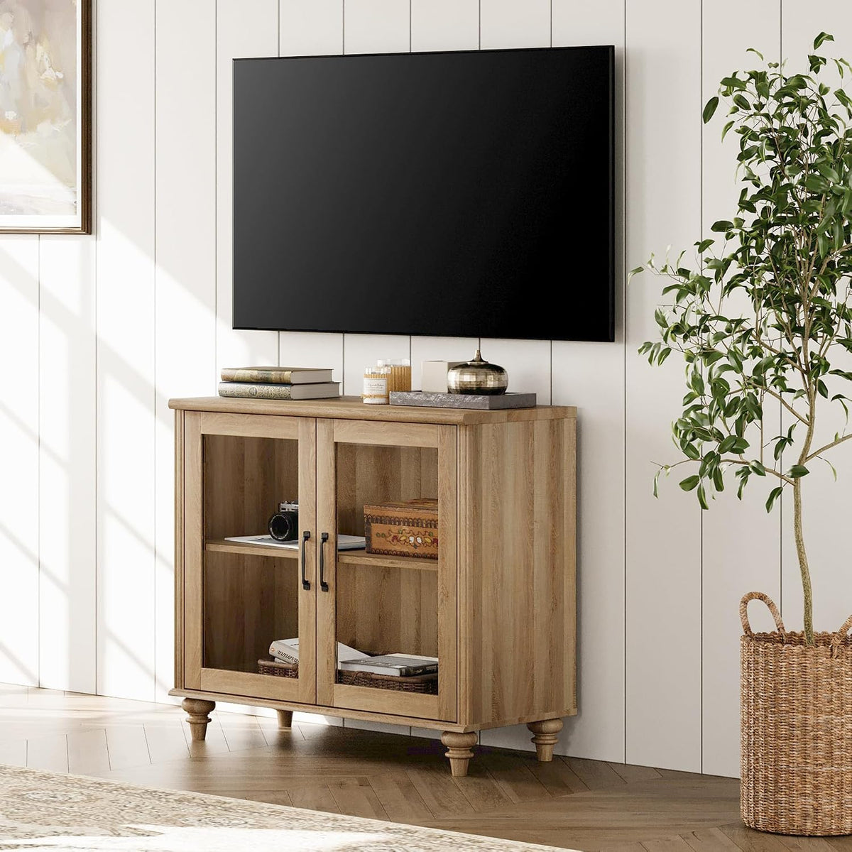 Oak 2 Glass Door Wood Buffet Cabinet