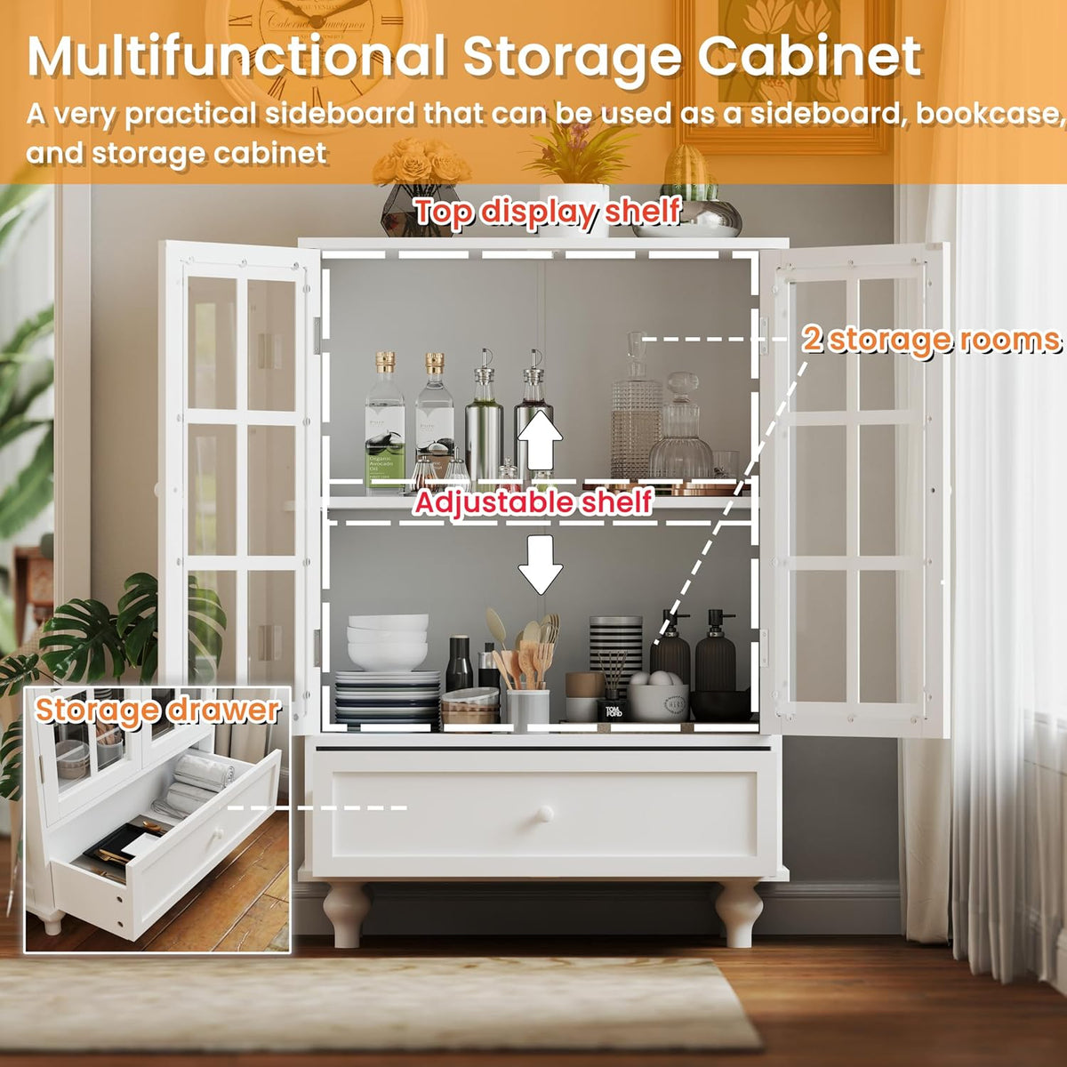 White MDF Glass Door Drawer Sideboard Cabinet