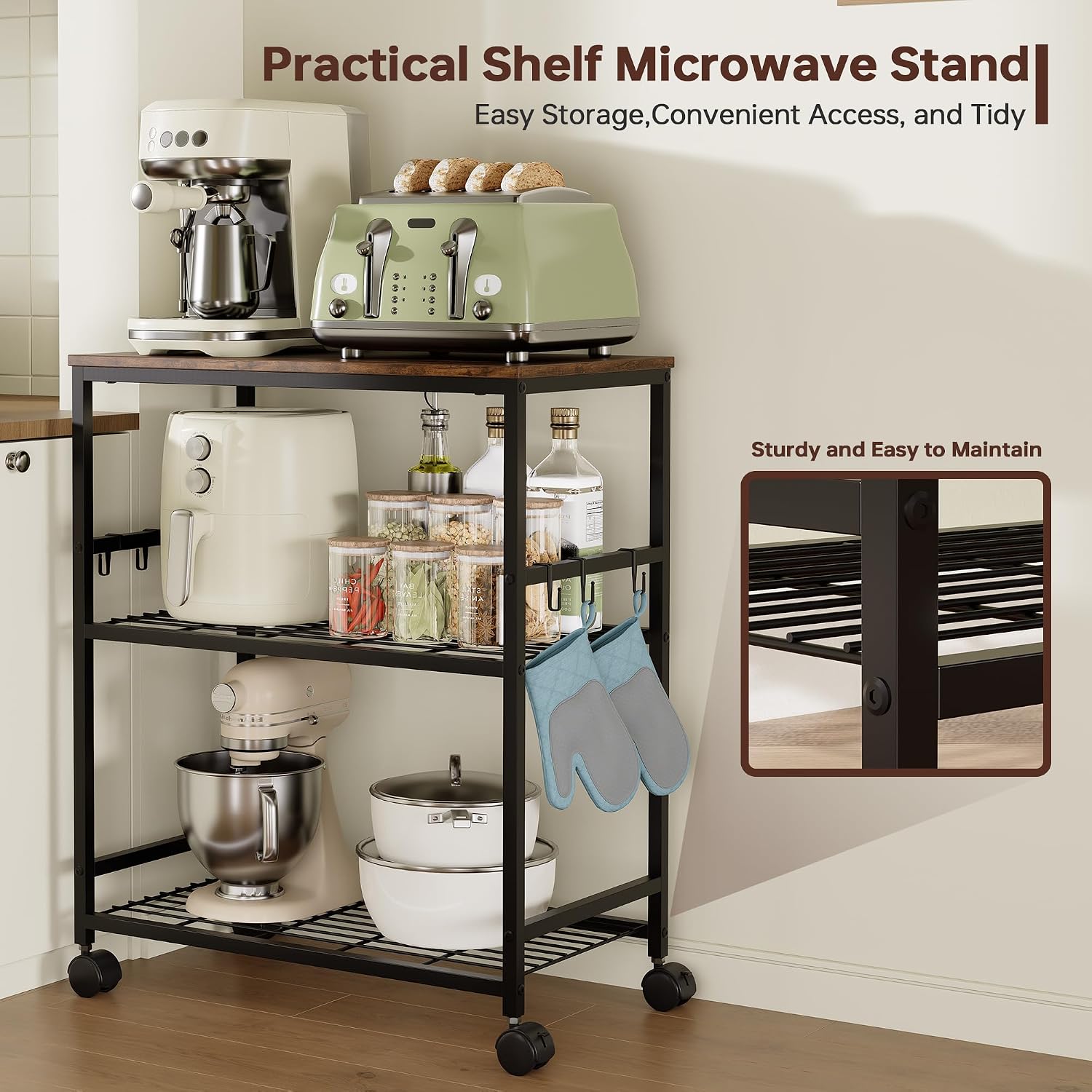 Brown 3 Tier Rolling Kitchen Microwave Cart