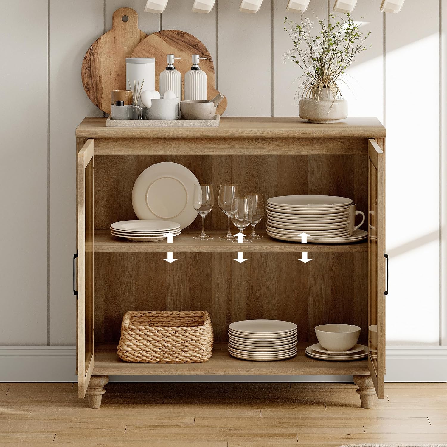 Oak 2 Glass Door Wood Buffet Cabinet