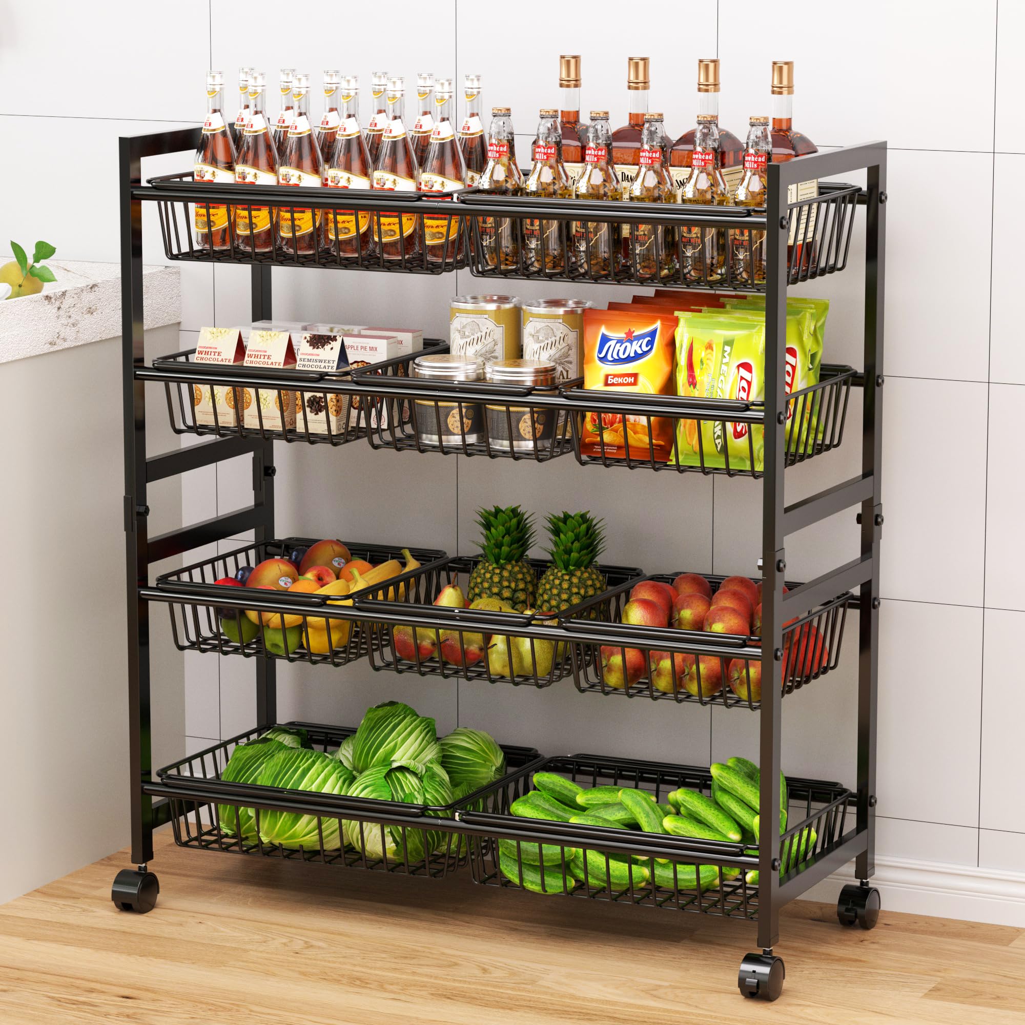 Black 4 Tier Rolling Snack Storage Cart