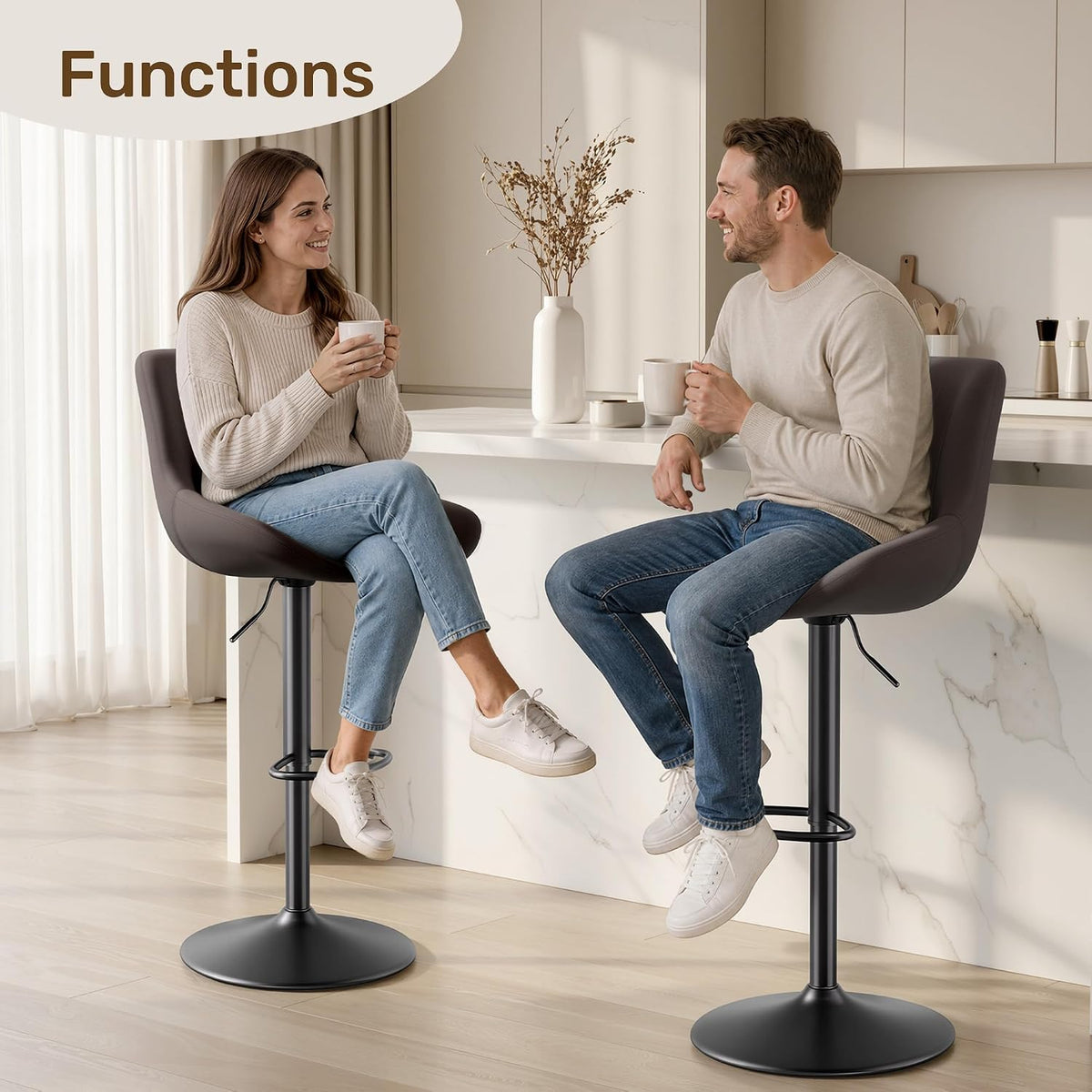 Brown Fabric Adjustable Swivel Bar Stools