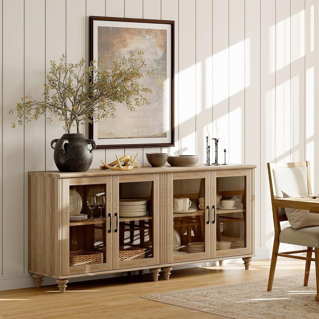 Oak 4 Glass Door Wood Sideboard Cabinet