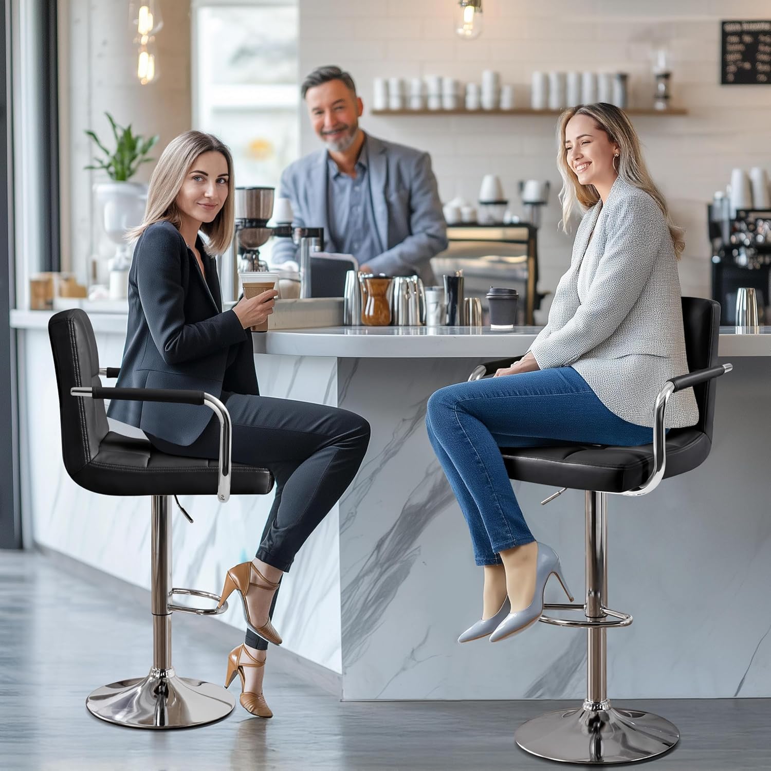 Black PU Leather Adjustable Swivel Bar Stools