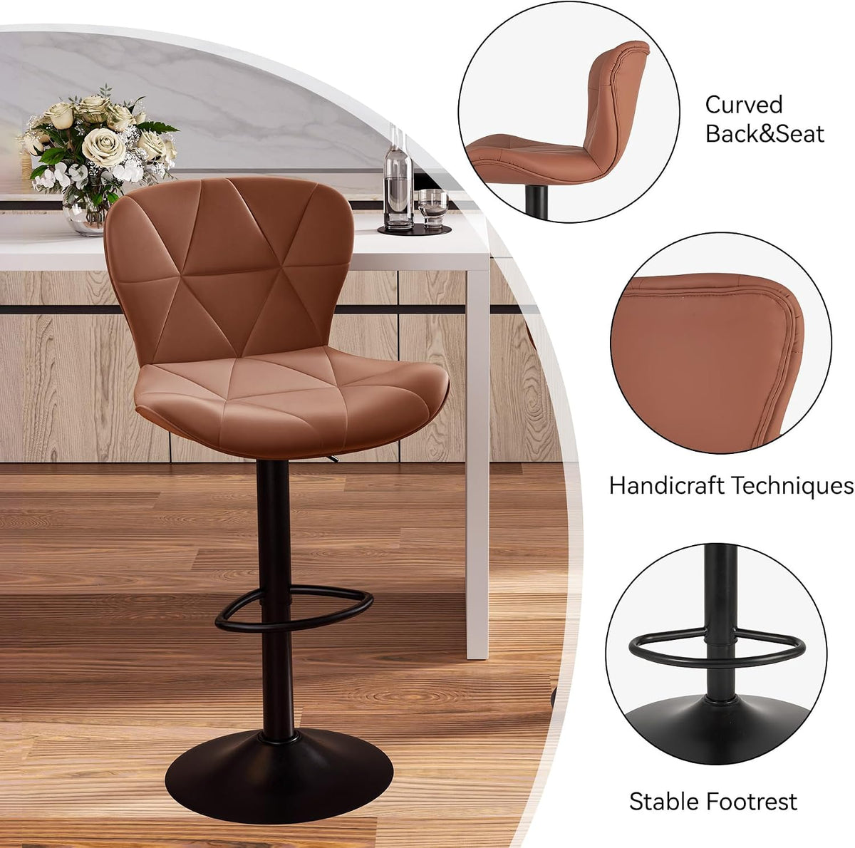 Rust PU Leather Adjustable Swivel Bar Stools