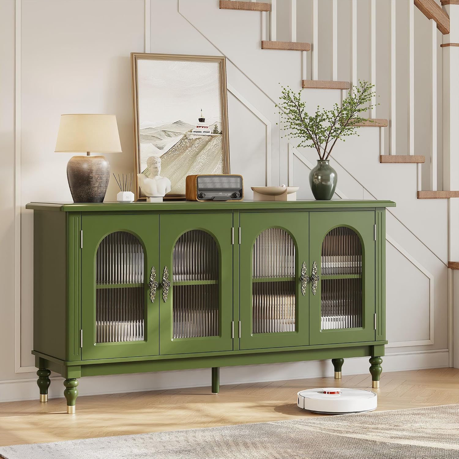 Green Solid Wood Fluted Arched Sideboard Cabinet