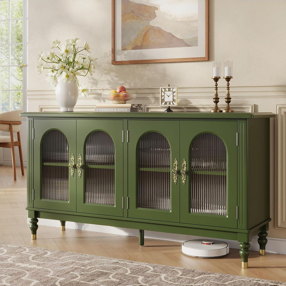 Green Solid Wood Fluted Arched Sideboard Cabinet