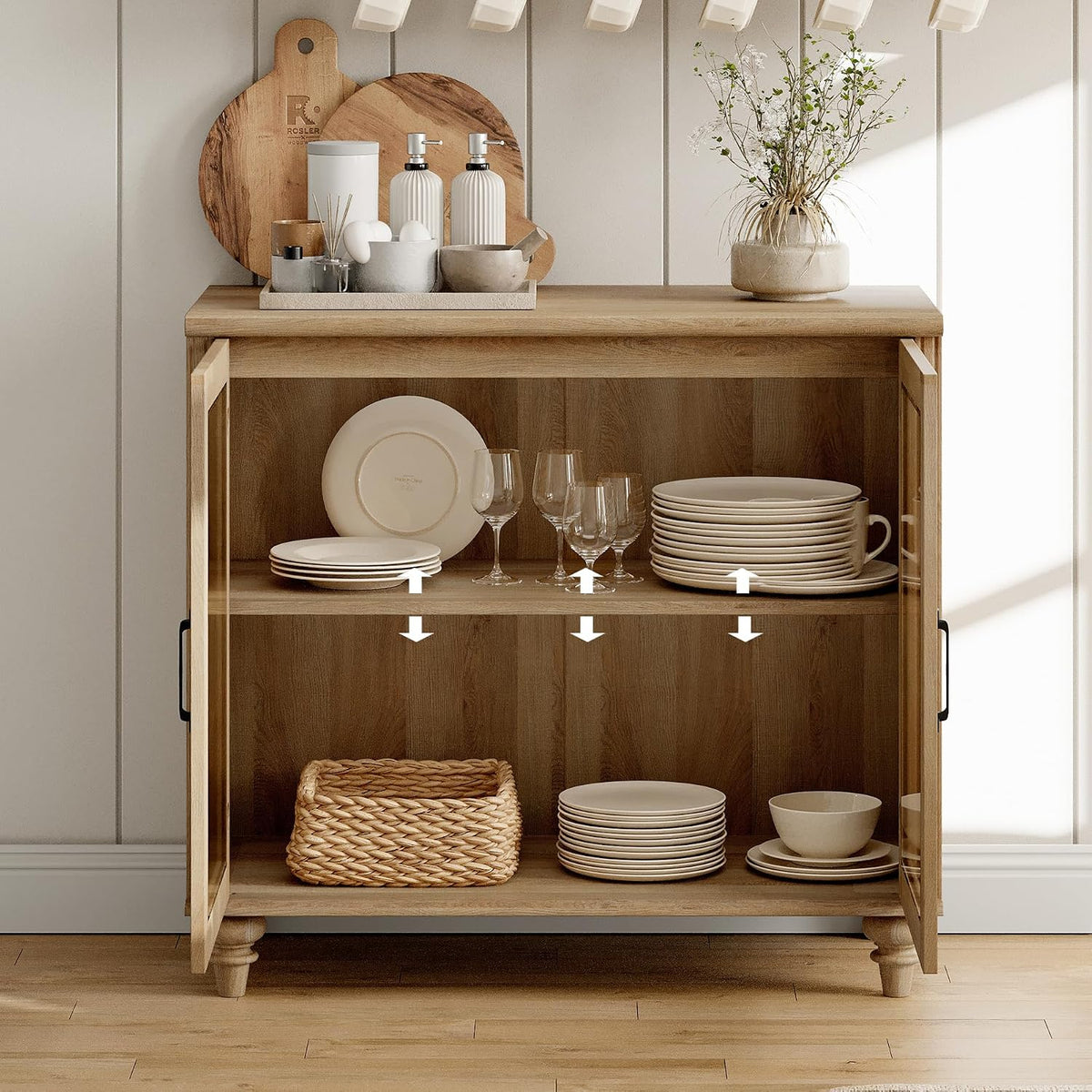 Oak 4 Glass Door Wood Sideboard Cabinet