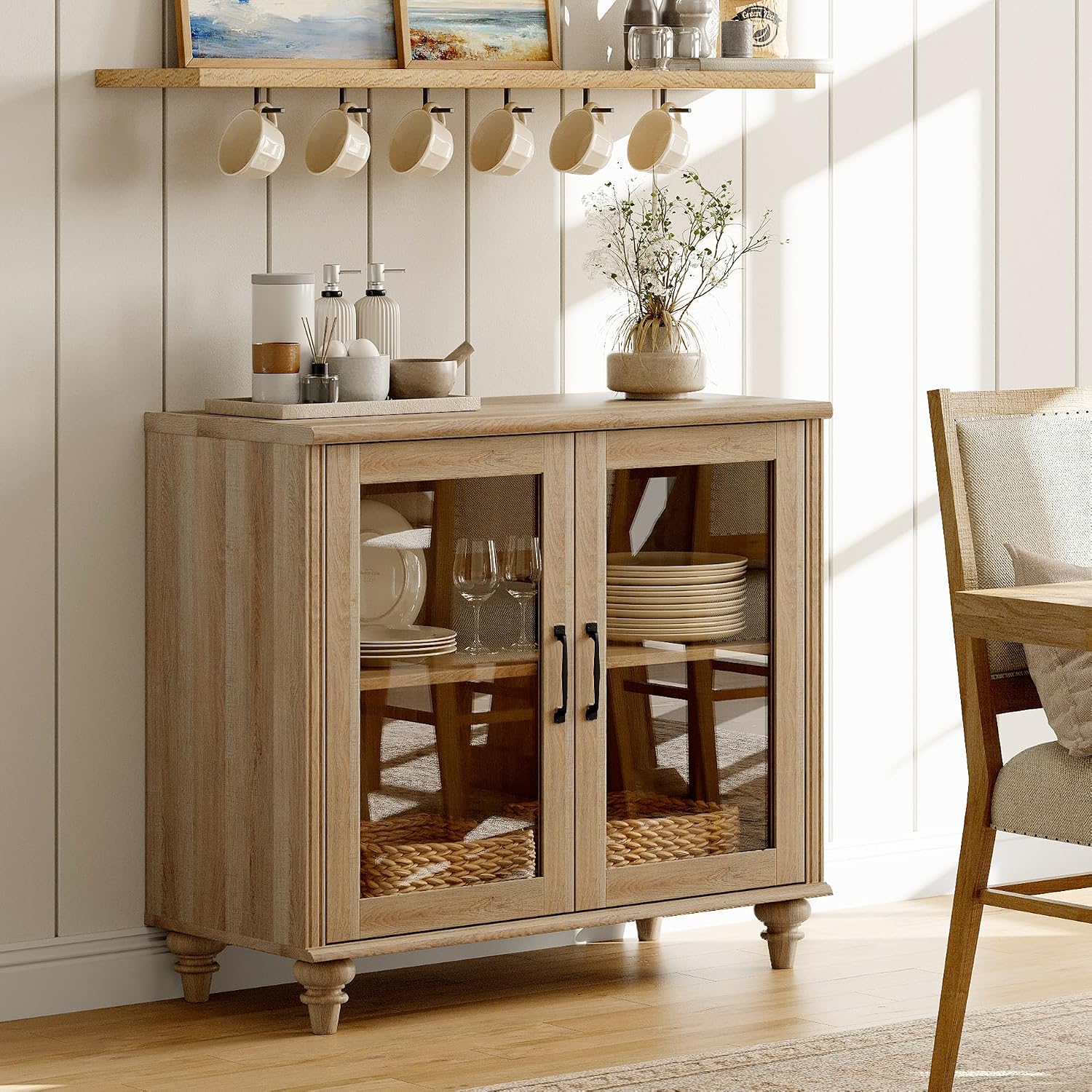 Oak 2 Glass Door Wood Buffet Cabinet