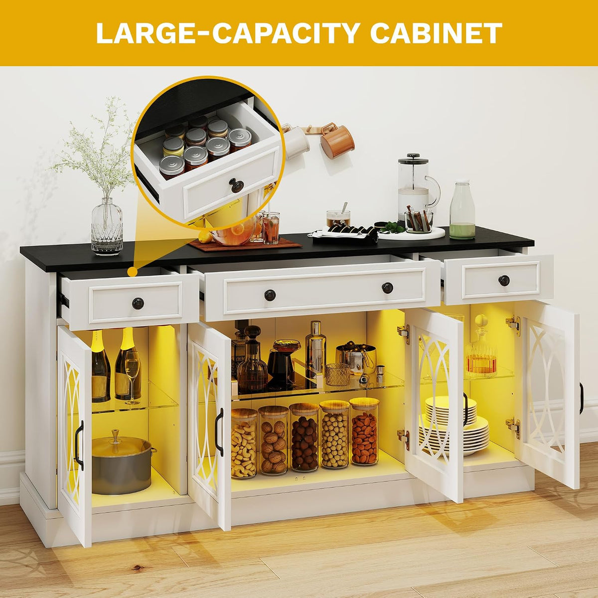 White 4 Glass Drawer Storage Sideboard Cabinet