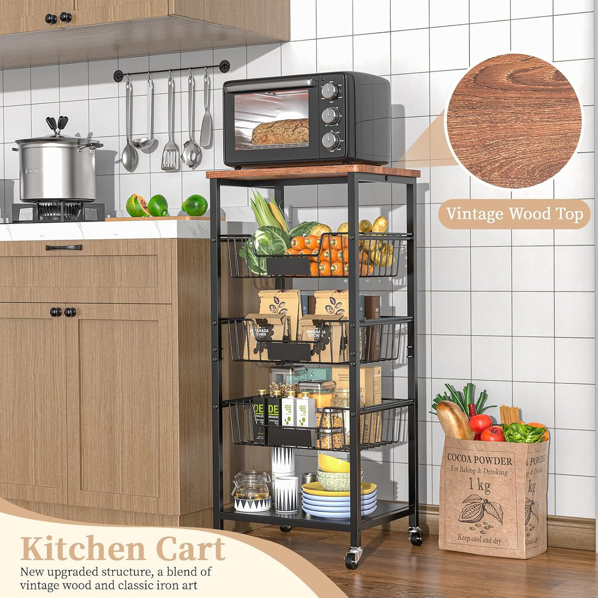 Black 5 Tier Rolling Kitchen Storage Cart