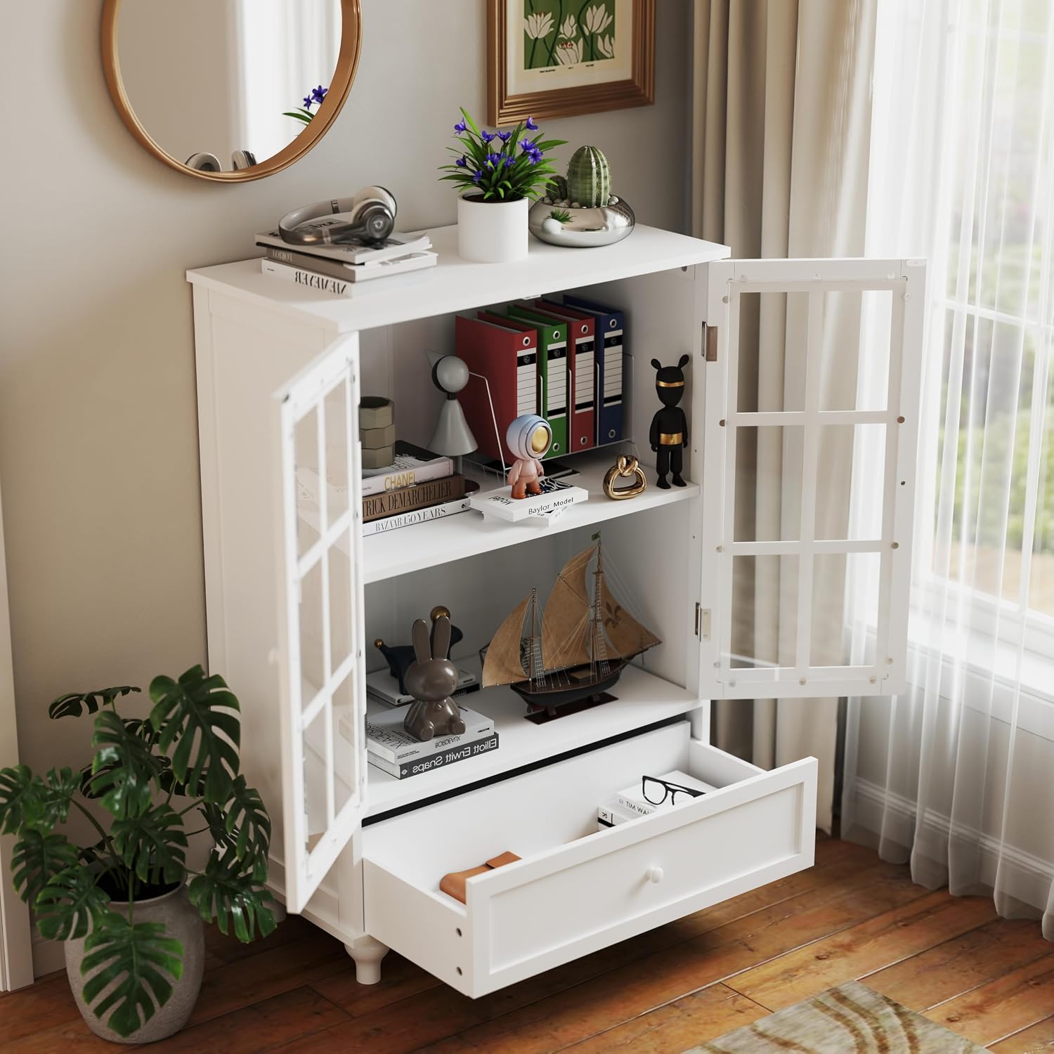 White MDF Glass Door Drawer Sideboard Cabinet