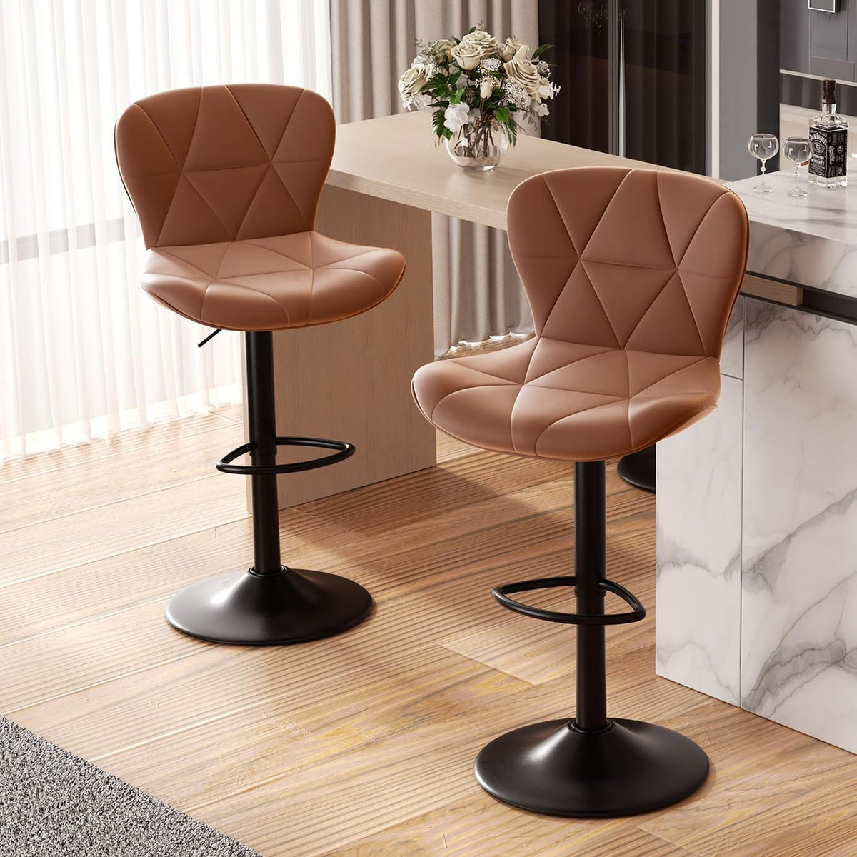 Rust PU Leather Adjustable Swivel Bar Stools