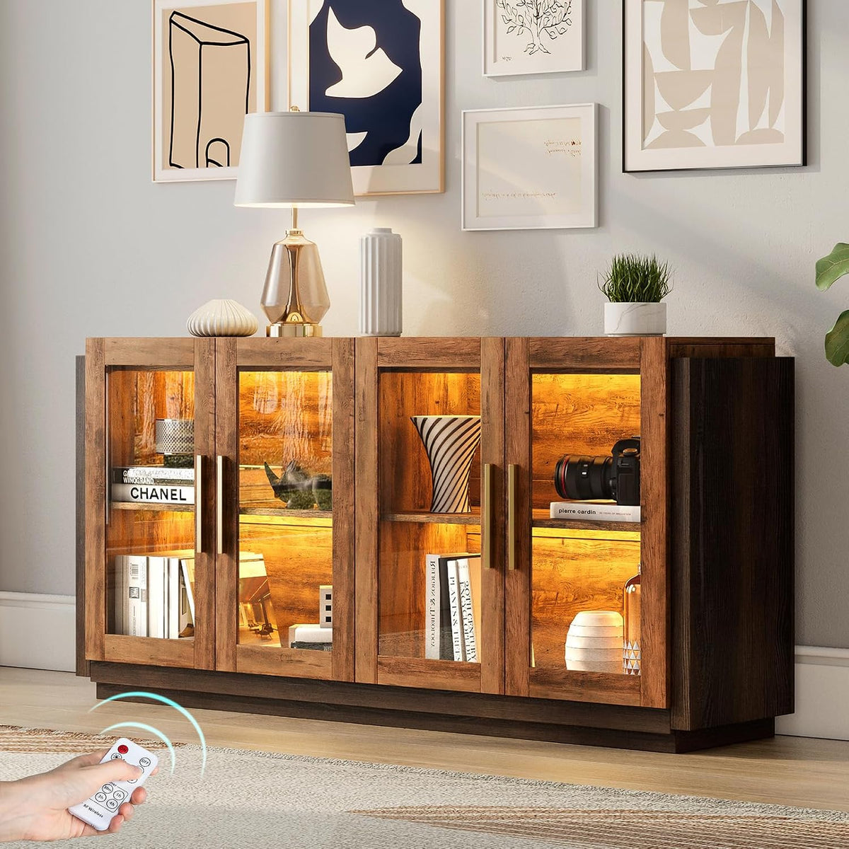 Brown LED Glass Door Sideboard Cabinet