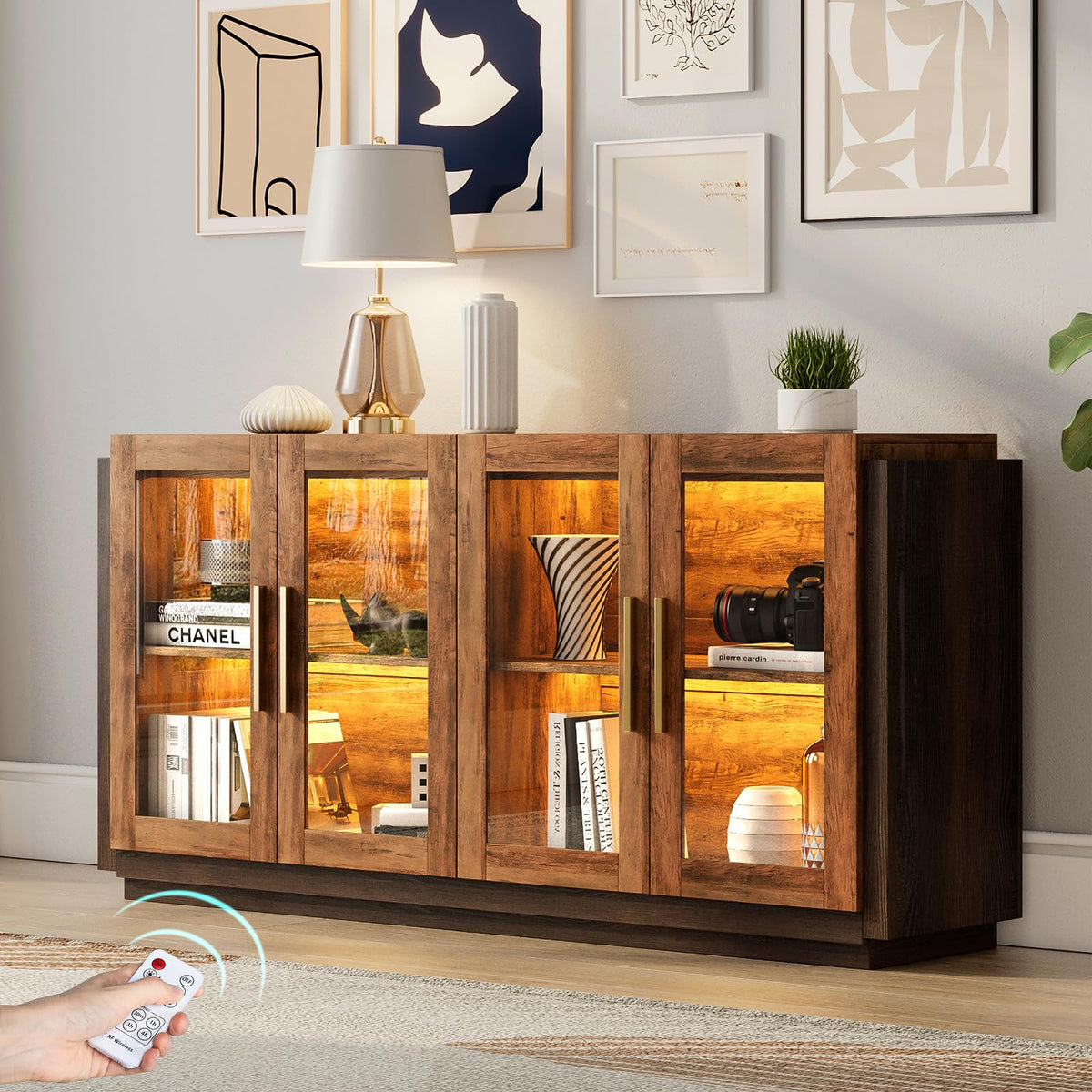 Brown LED Glass Door Sideboard Cabinet