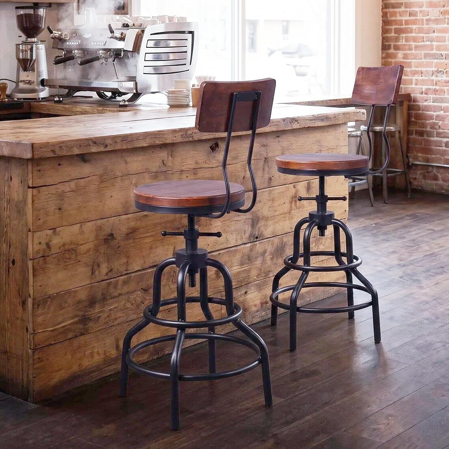 Metal Wood Adjustable Swivel Counter Stools Set