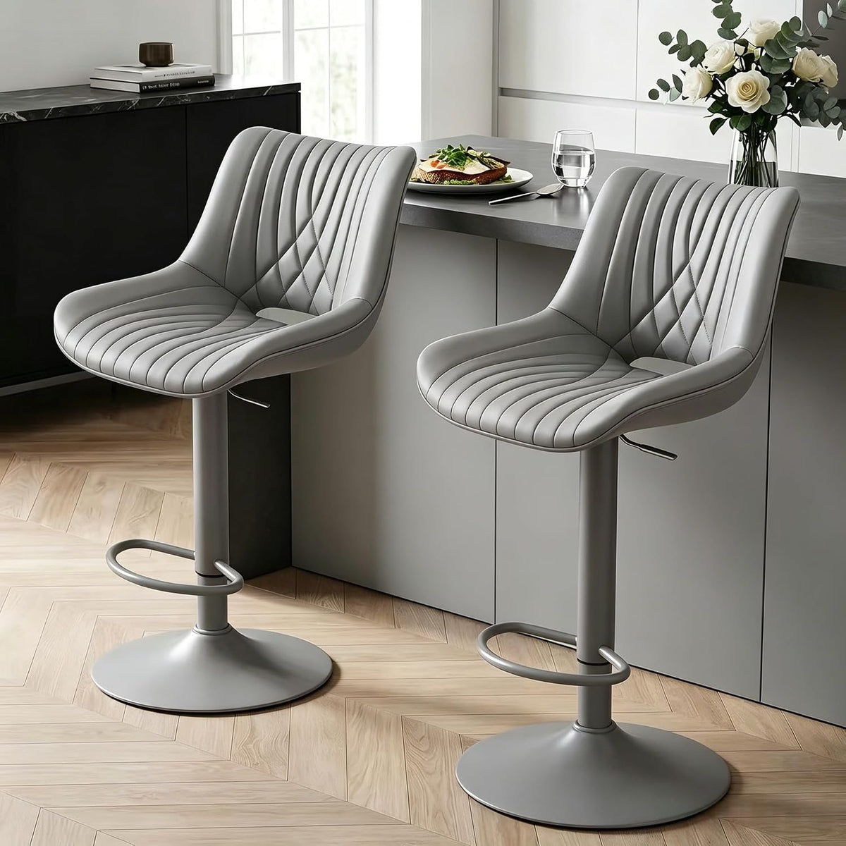 Gray PU Leather Adjustable Swivel Bar Stools