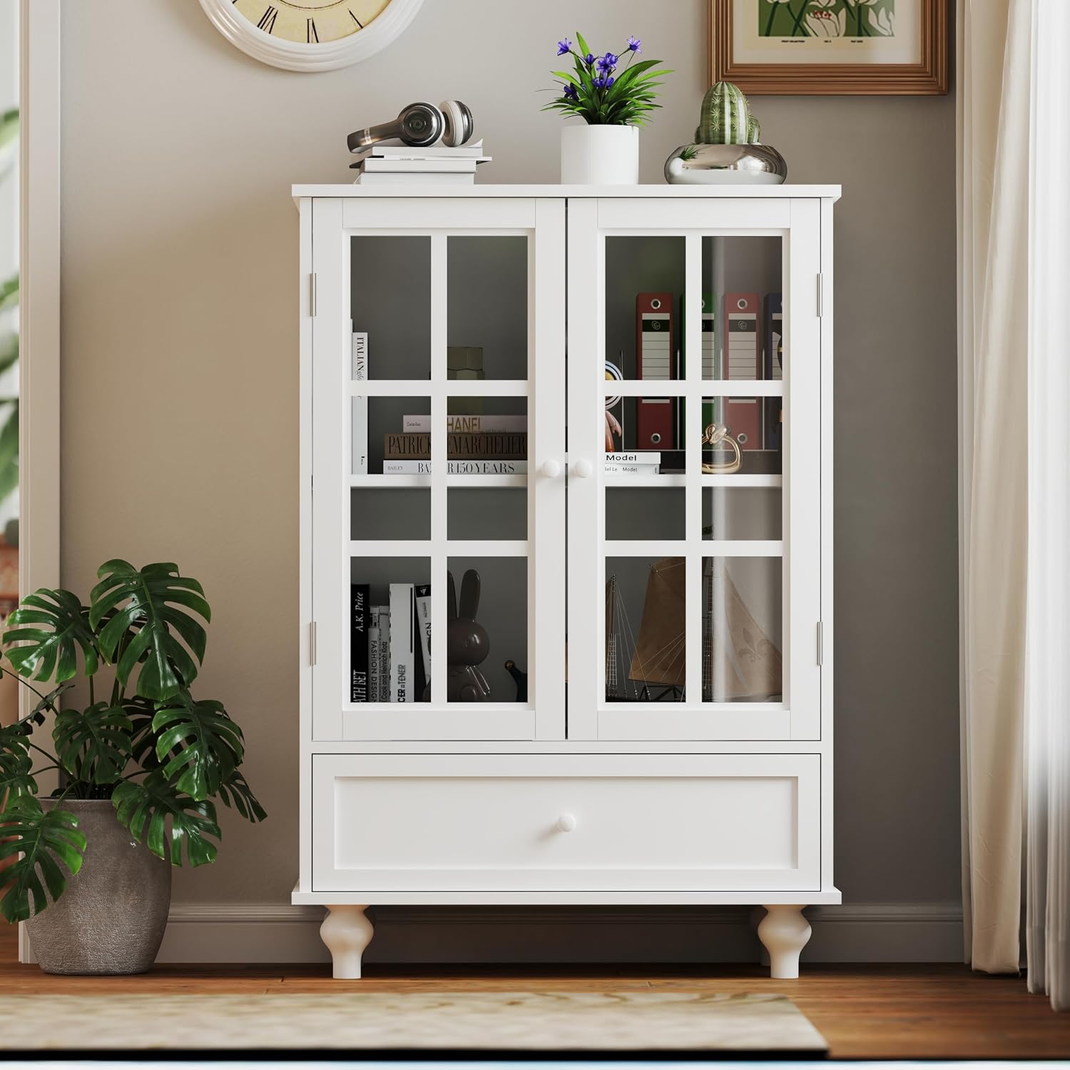 White MDF Glass Door Drawer Sideboard Cabinet