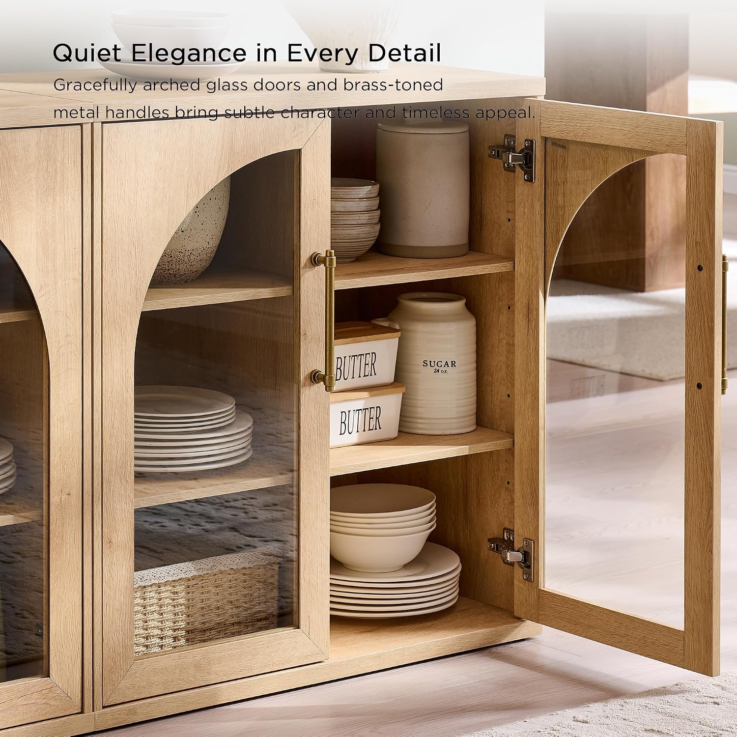 Oak Arched Glass Door Sideboard Cabinet