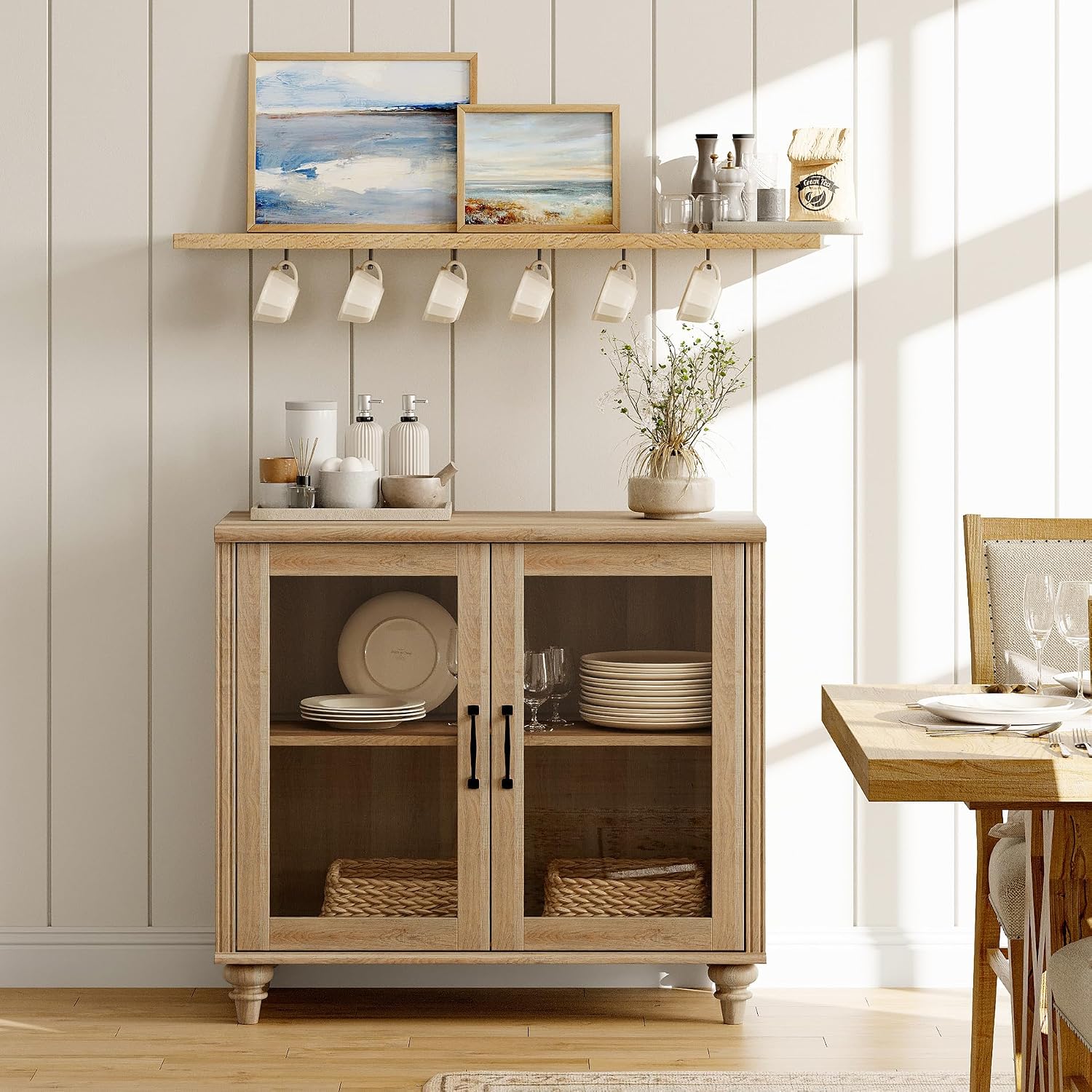 Oak 2 Glass Door Wood Buffet Cabinet