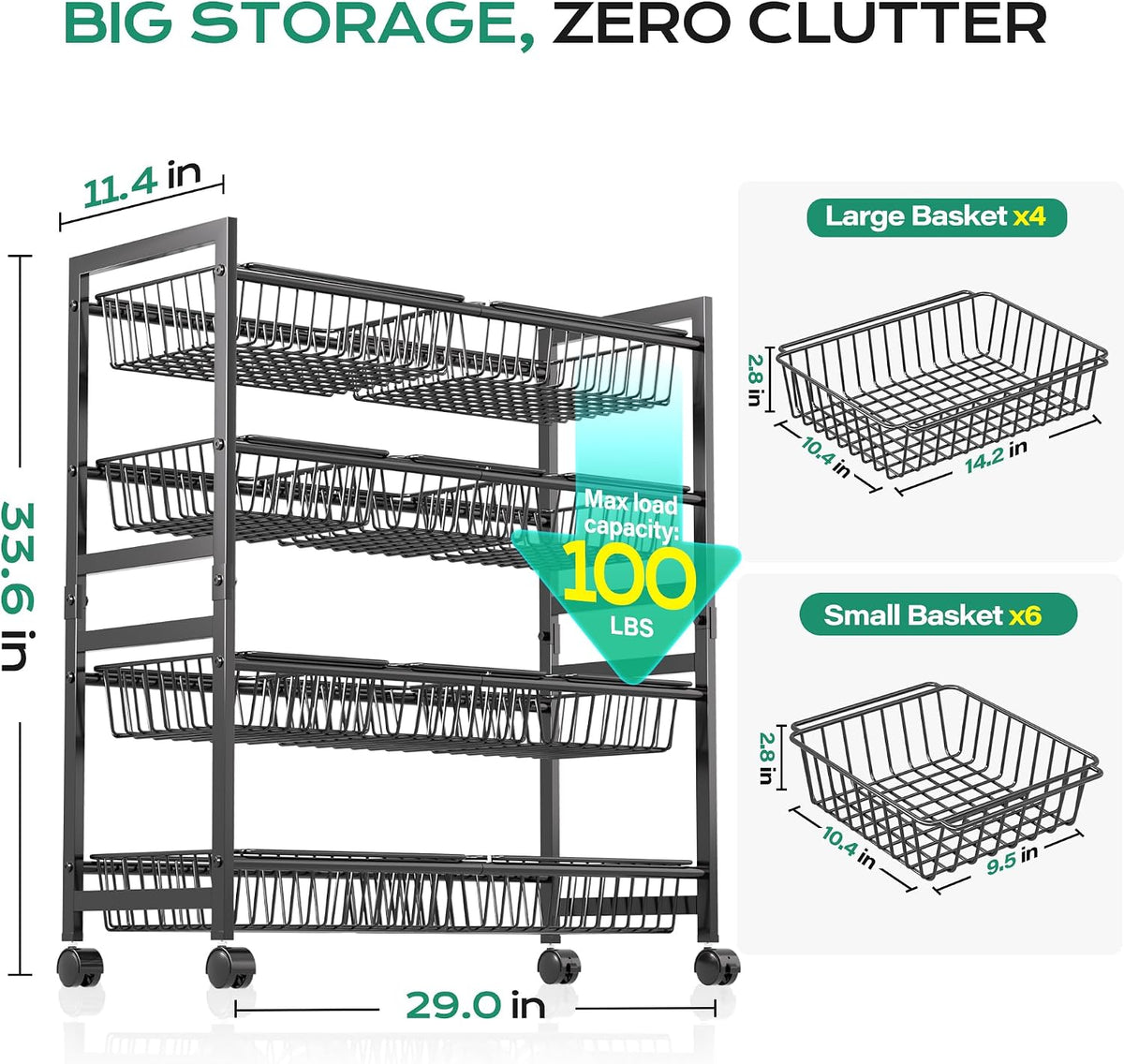 Black 4 Tier Rolling Snack Storage Cart