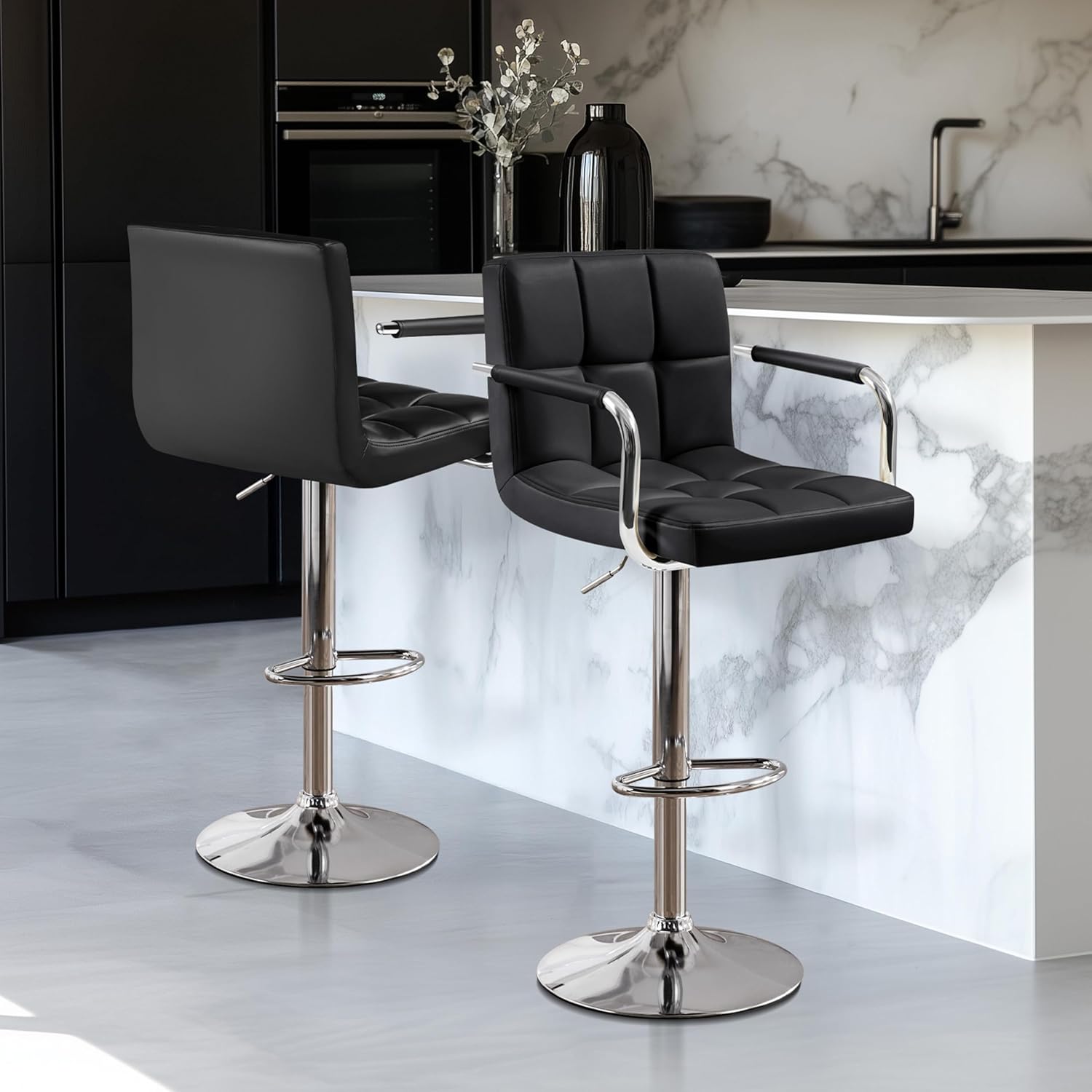 Black PU Leather Adjustable Swivel Bar Stools