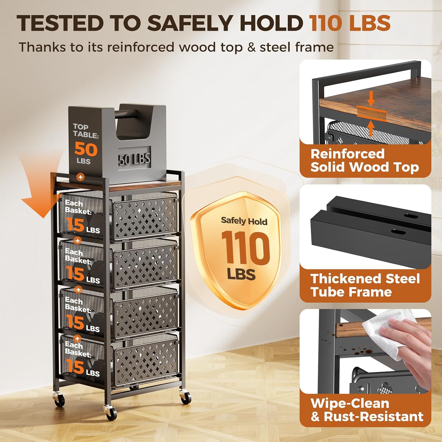 Black 5 Tier Rolling Kitchen Storage Cart