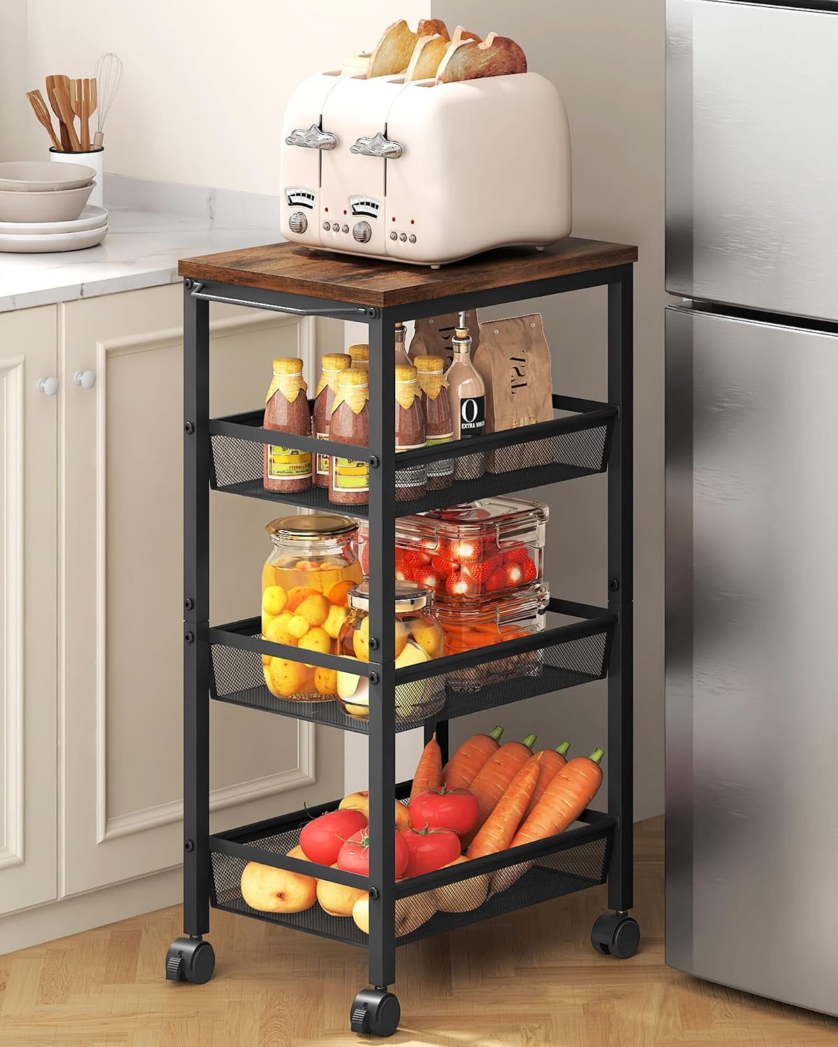 Rustic Brown 4 Tier Rolling Storage Cart