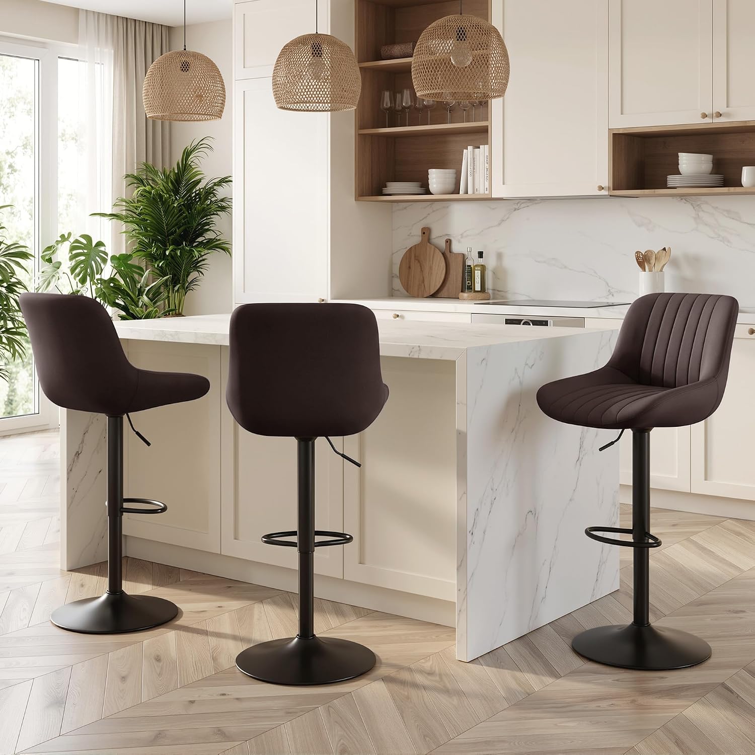 Brown Fabric Adjustable Swivel Bar Stools