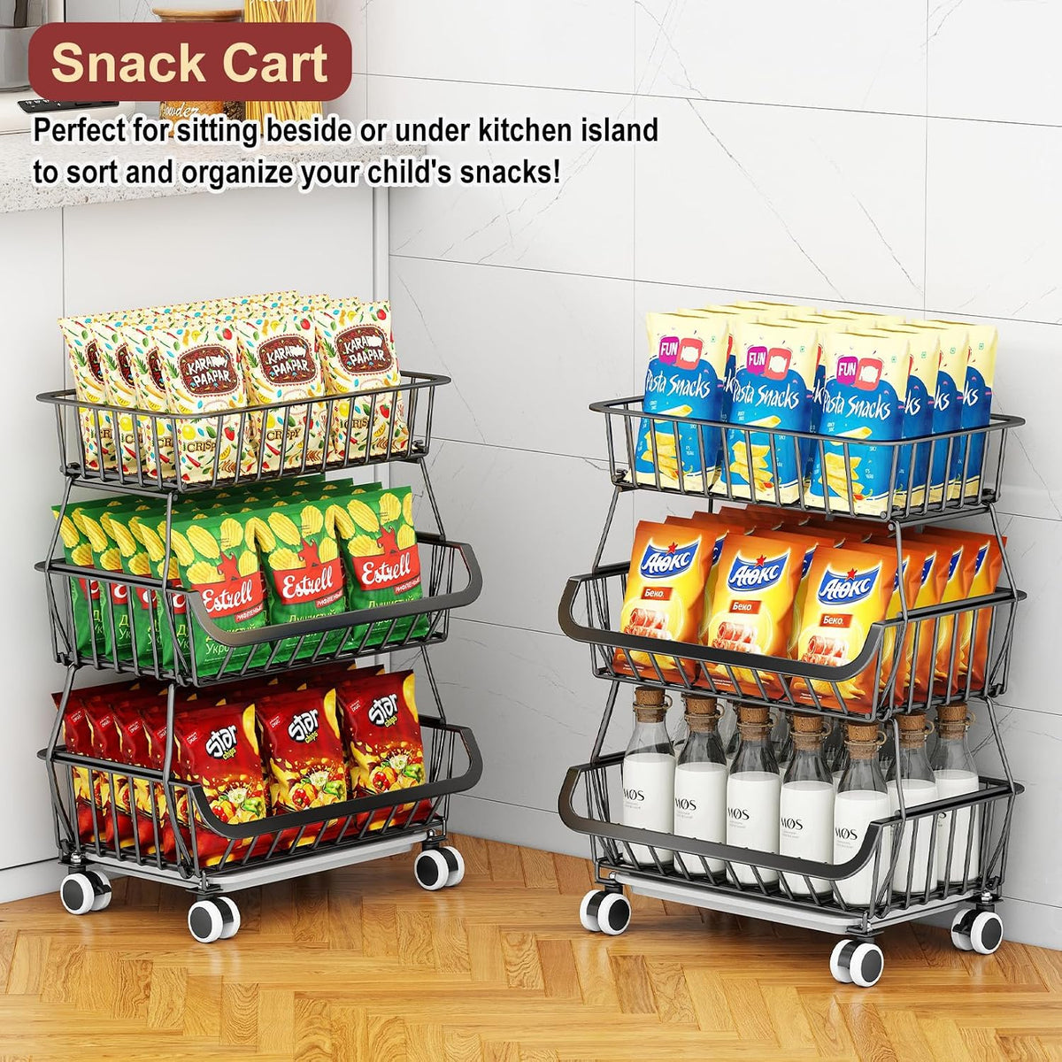 3 Tier Wire Rolling Kitchen Storage Cart