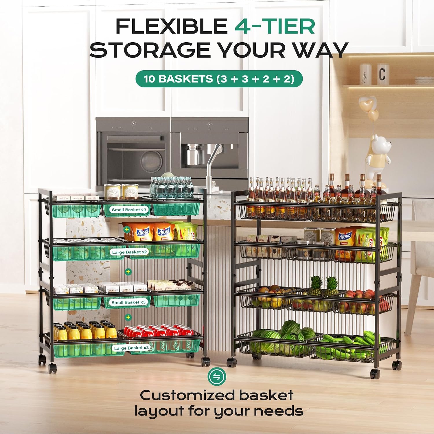 Black 4 Tier Rolling Snack Storage Cart
