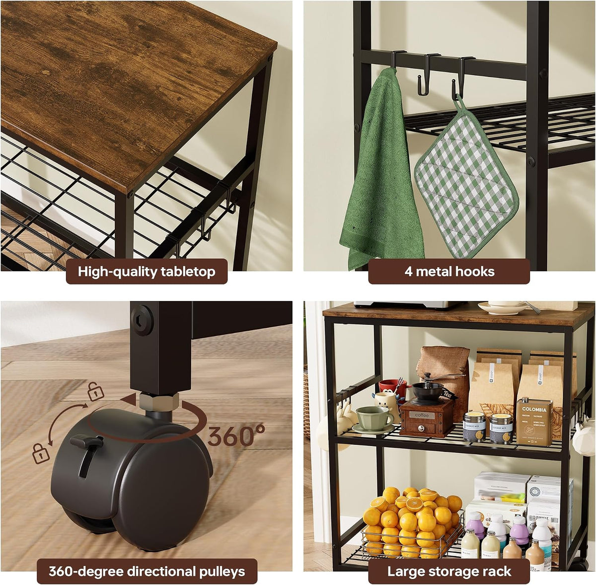 Brown 3 Tier Rolling Kitchen Microwave Cart