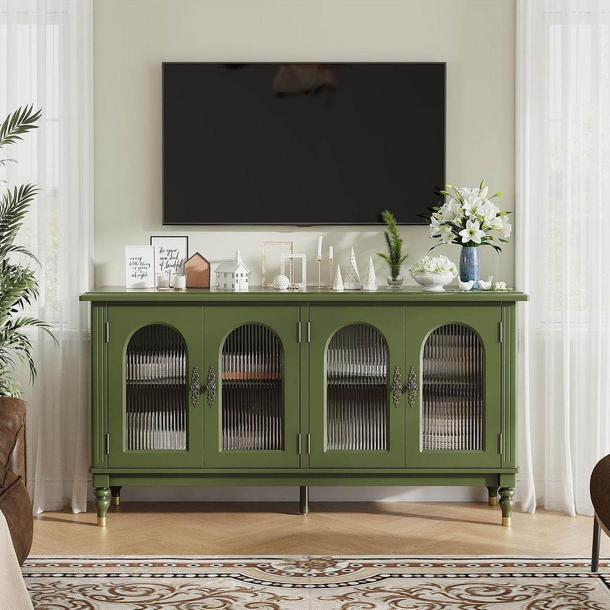 Green Solid Wood Fluted Arched Sideboard Cabinet