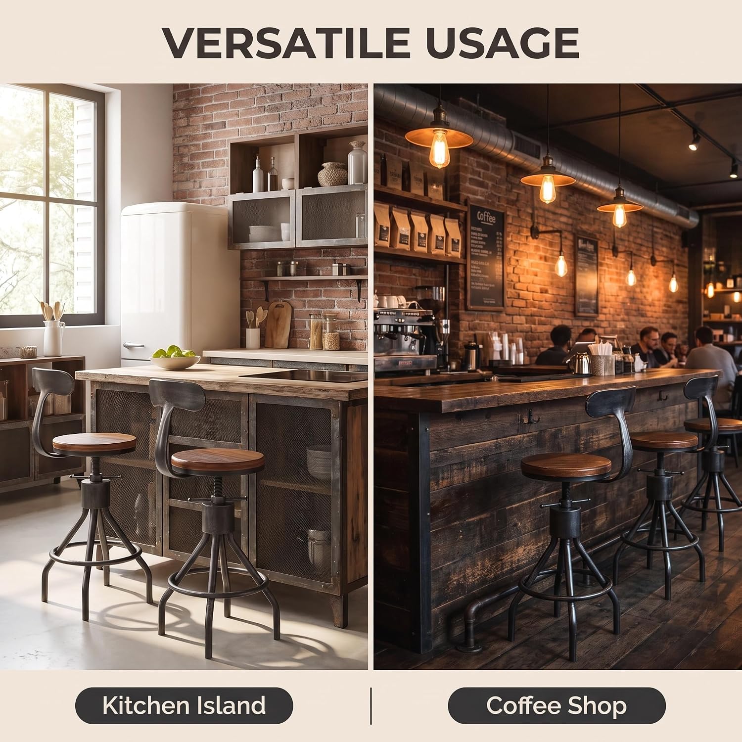 Wood Metal Adjustable Swivel Bar Stools Set