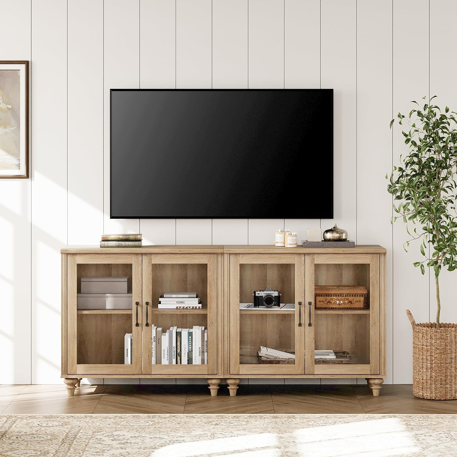 Oak 4 Glass Door Wood Sideboard Cabinet