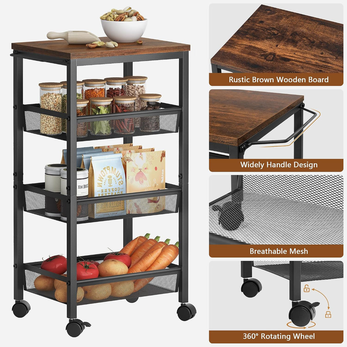 Rustic Brown 4 Tier Rolling Storage Cart