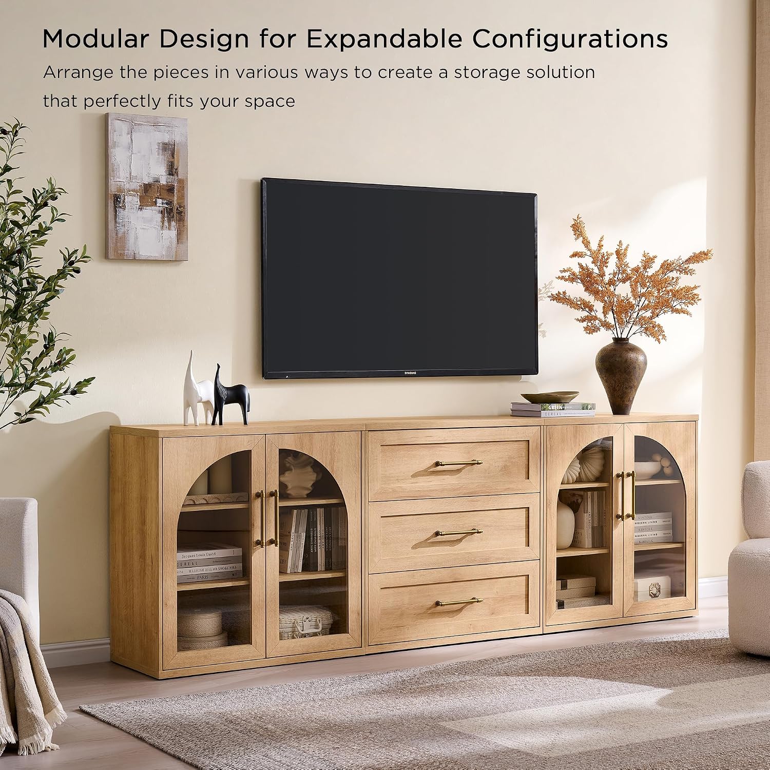 Oak Arched Glass Door Sideboard Cabinet