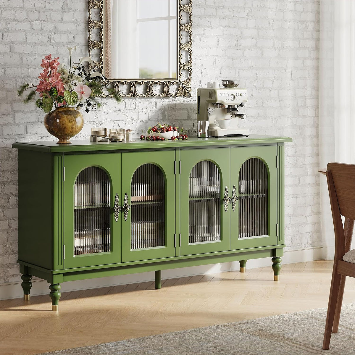 Green Solid Wood Fluted Arched Sideboard Cabinet