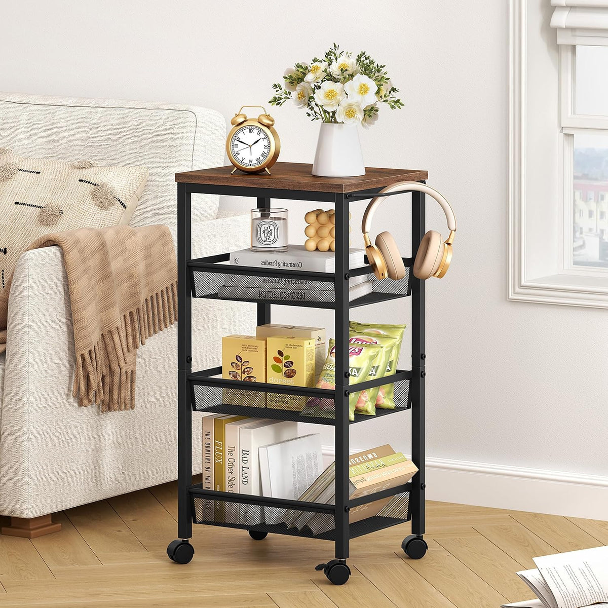 Rustic Brown 4 Tier Rolling Storage Cart