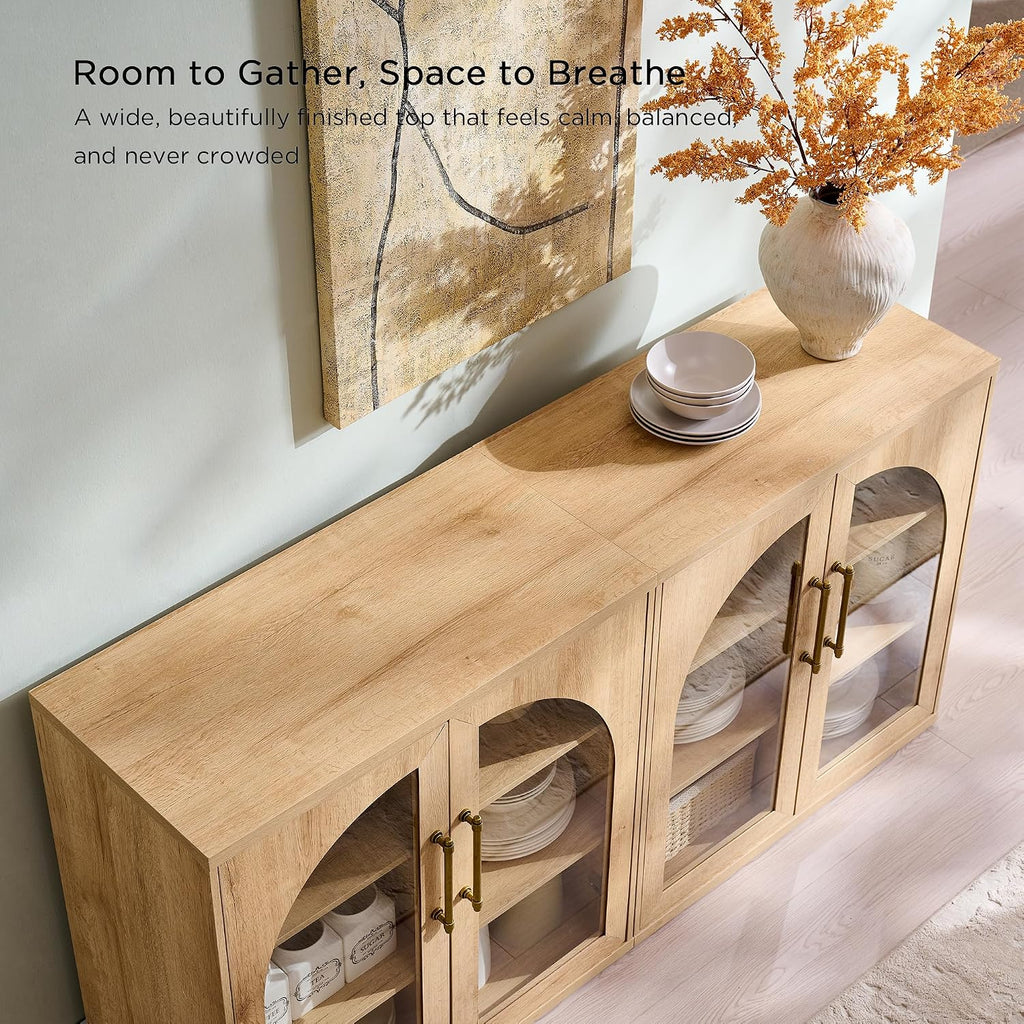 Oak Arched Glass Door Sideboard Cabinet